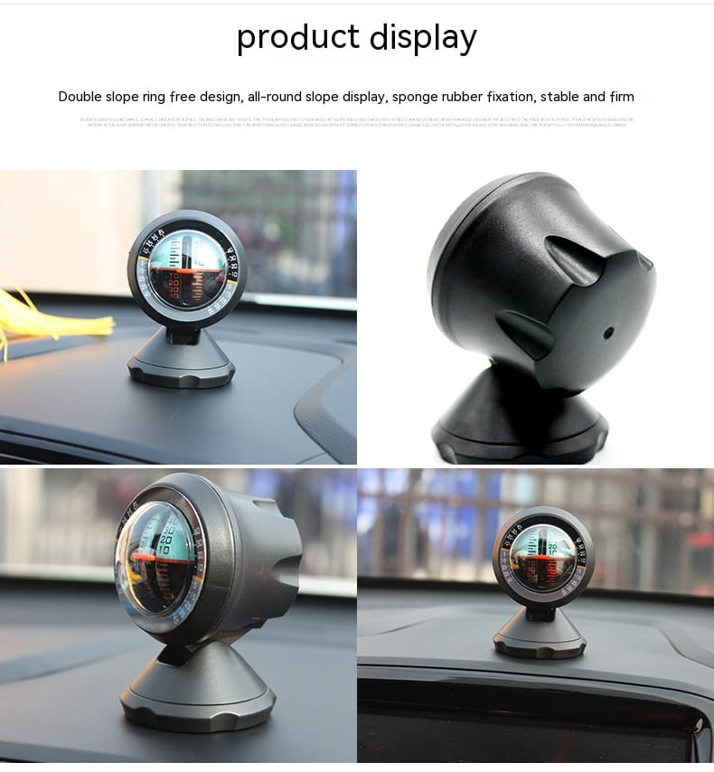 black circular vehicle mounted sensing slope meter with reflective dial and textured base for precise angle measurement