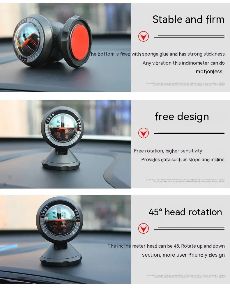 Black and red circular vehicle mounted sensing slope meter with reflective dial mounted on a suction cup base for stable placement.