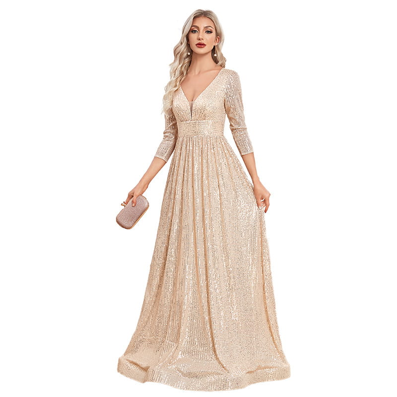 a shimmering champagne-colored sequined evening gown with a v-neckline and three-quarter sleeves designed as a high waist party formal dress
