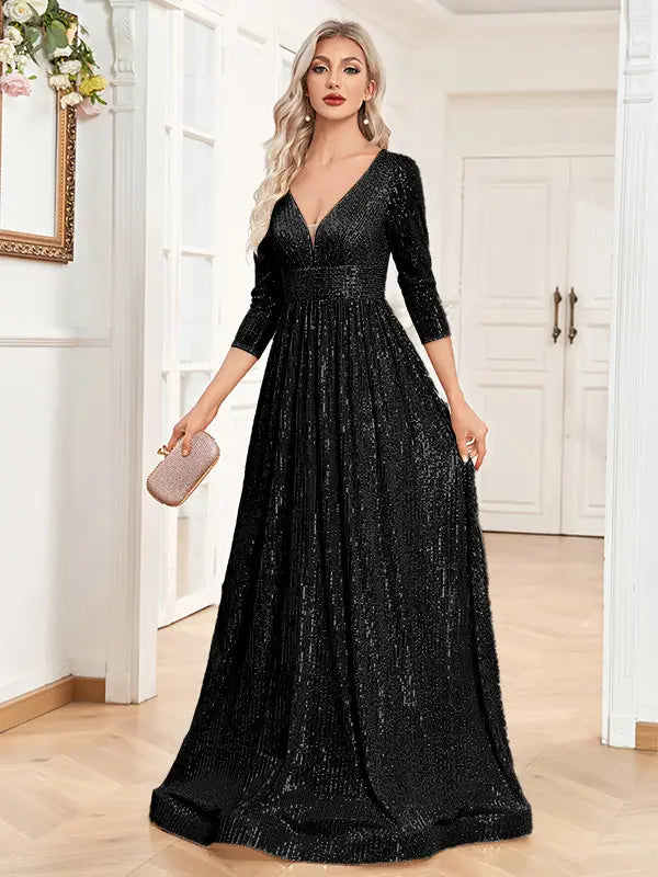 black sequined floor-length gown with v-neckline and three-quarter sleeves designed as a waist party formal dress for elegant occasions