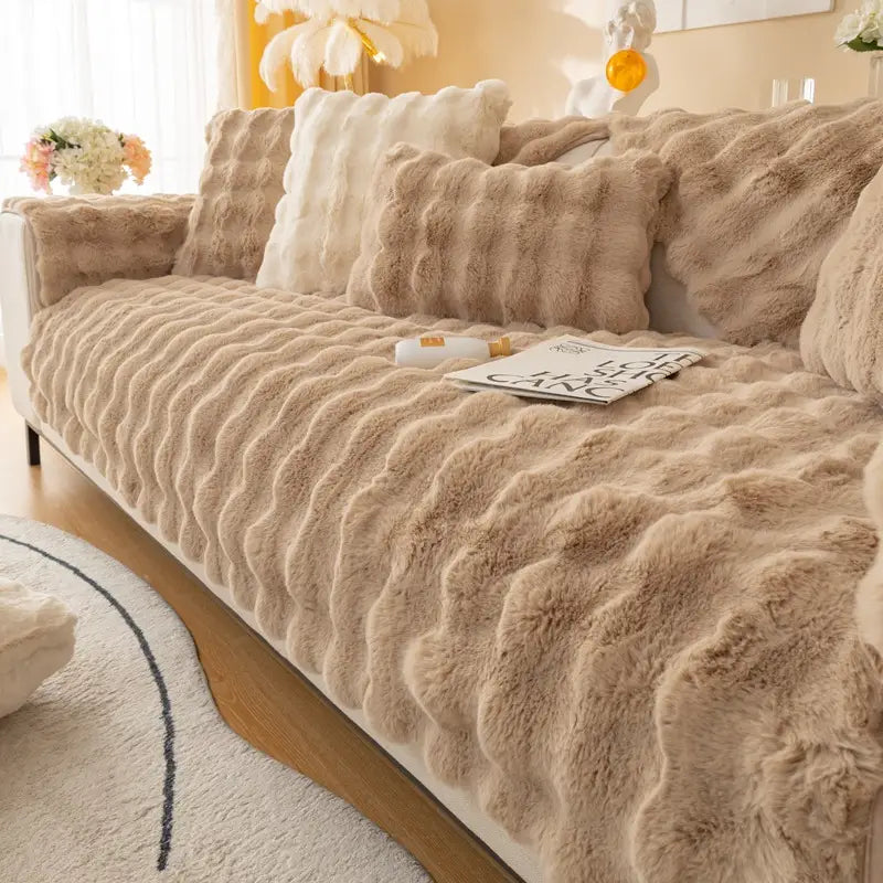 beige faux fur sofa cushion with a wavy plush texture designed as a winter thickened rabbit plush cover for enhanced comfort and warmth