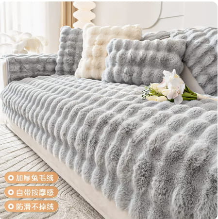 gray thickened rabbit plush sofa cushion featuring a textured ribbed pattern and soft fluffy material designed for winter use