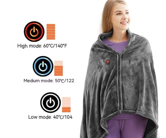 Gray winter flannel heated blanket shawl made of plush material with a zipper and power button on the chest for comfort and warmth during cold weather.