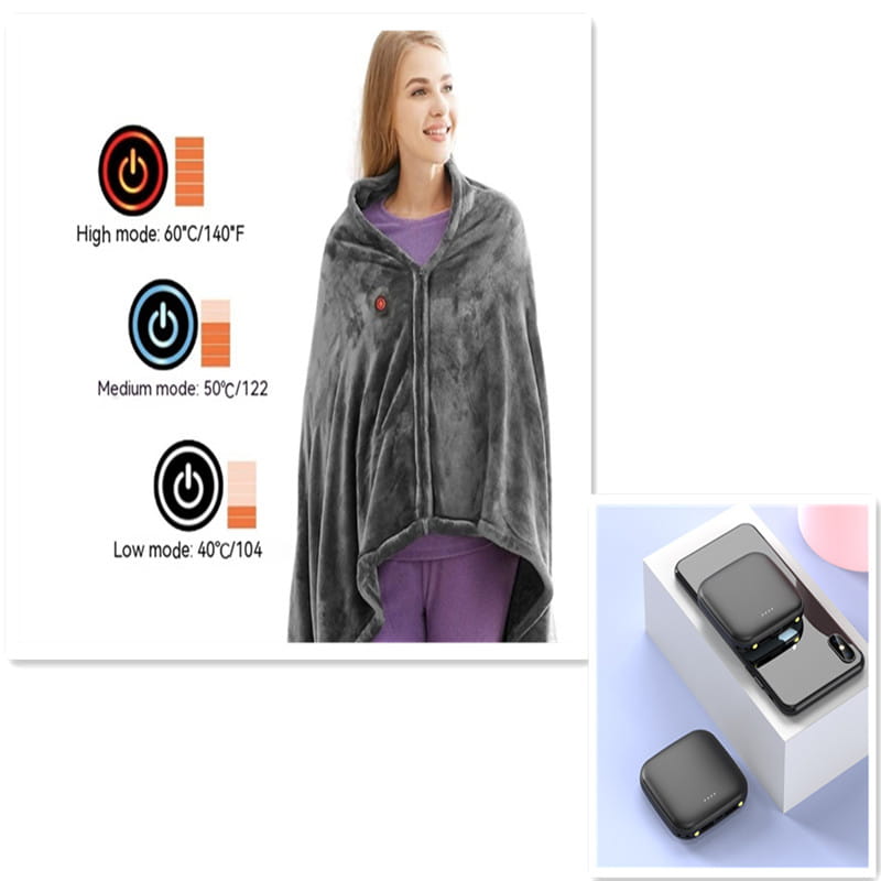 Gray winter flannel heated blanket shawl with plush material, built-in battery pack, and three temperature settings for customizable warmth in cold conditions.