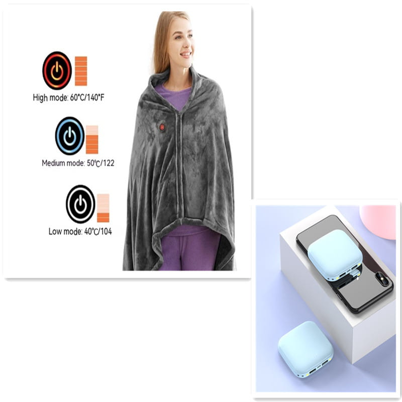 Gray winter flannel heated blanket shawl with zipper and control buttons in use on a model next to a compact light blue portable heating pad designed for heated blanket cold comfort.