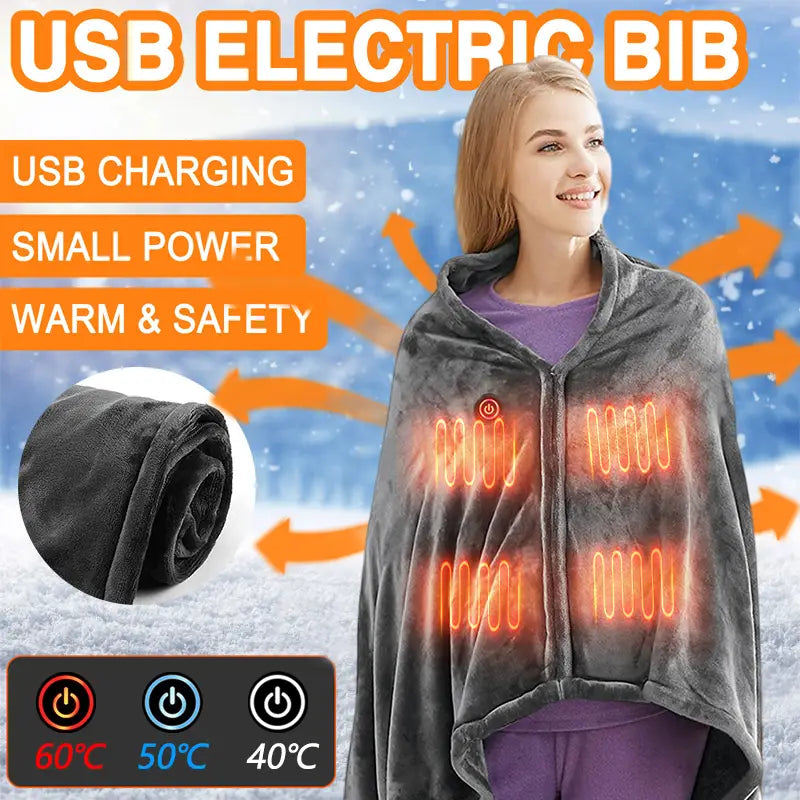 gray winter flannel heated blanket shawl featuring a gray plush usb electric bib with heating elements glowing orange along the front for warmth in cold weather.