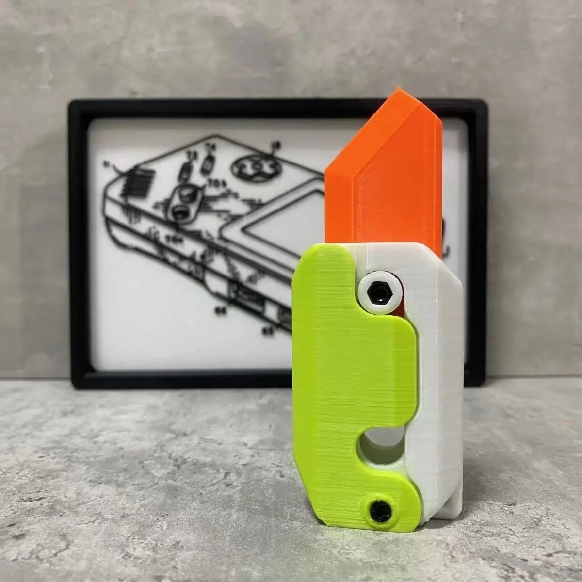 Bright lime green and white 3d-printed radish knife multi-tool with an orange blade designed for printing gravity cub and gravity cub jumping.