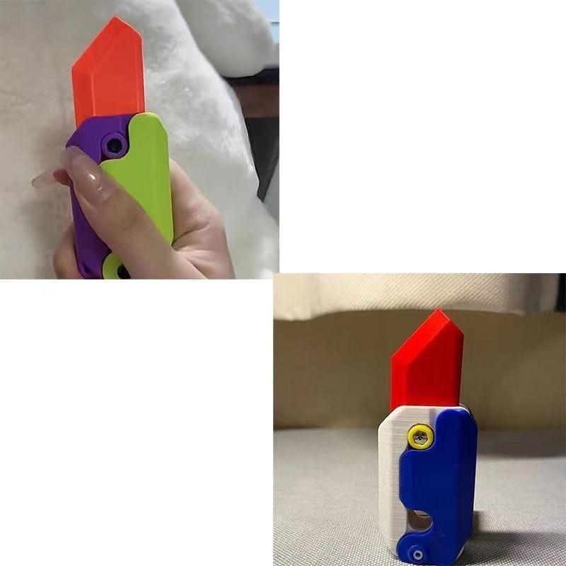 a colorful multi-part phone case designed to resemble a radish knife with an orange-red blade and interchangeable purple green or blue body sections for printing gravity cub and gravity cub jumping enthusiasts