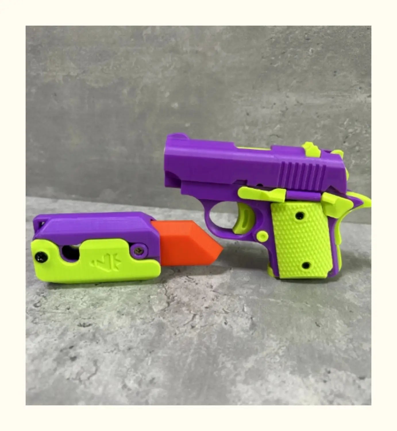 vibrant purple and neon green plastic toy pistol with orange dart launcher attachment featured in pink and lime radish knife gravity cub toy for gravity cub jumping and printing gravity cub activities