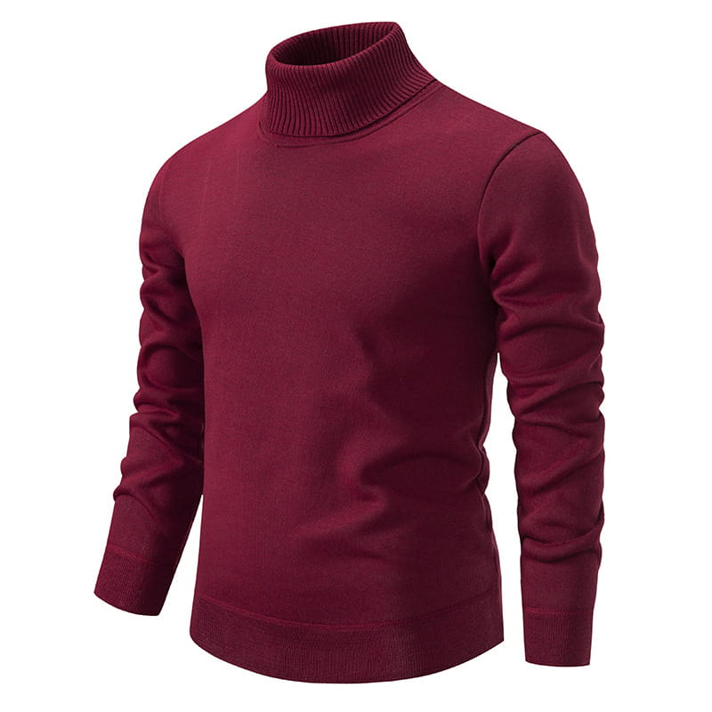 a maroon turtleneck pullover sweater with ribbed collar cuffs and hem showcasing sweater fashion solid style