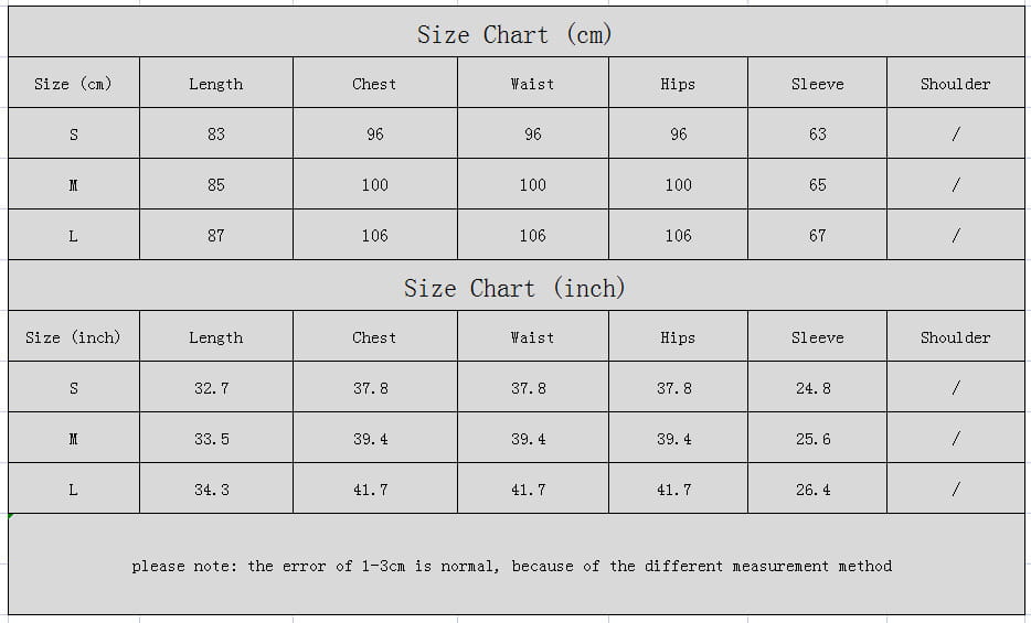 Size chart for pink winter turtleneck long sleeve sweater dress showing measurements in centimeters and inches for sizes s, m, and l.
