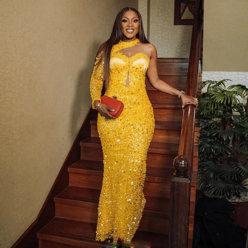 a dazzling yellow sequined pearl embroidery lace asymmetric dress with a high neckline and long sleeves