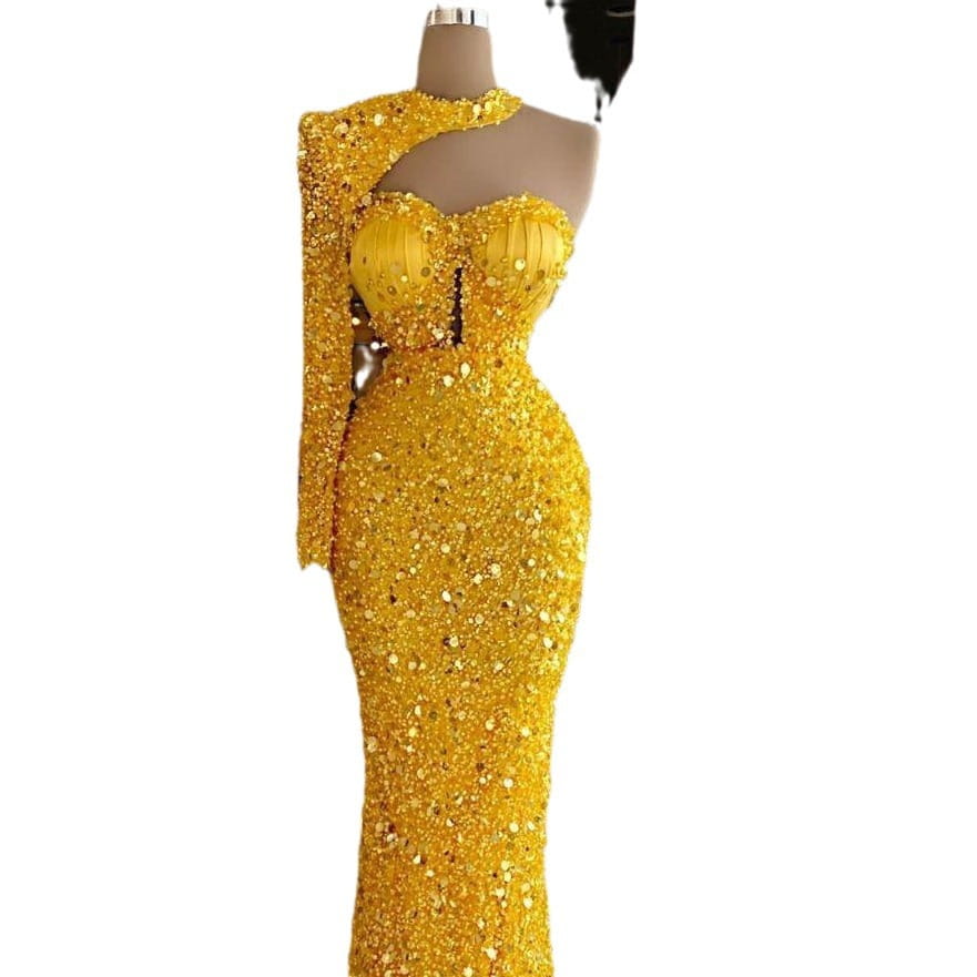 A dazzling gold sequined pearl embroidery lace asymmetric gown with a one-shoulder fitted silhouette.