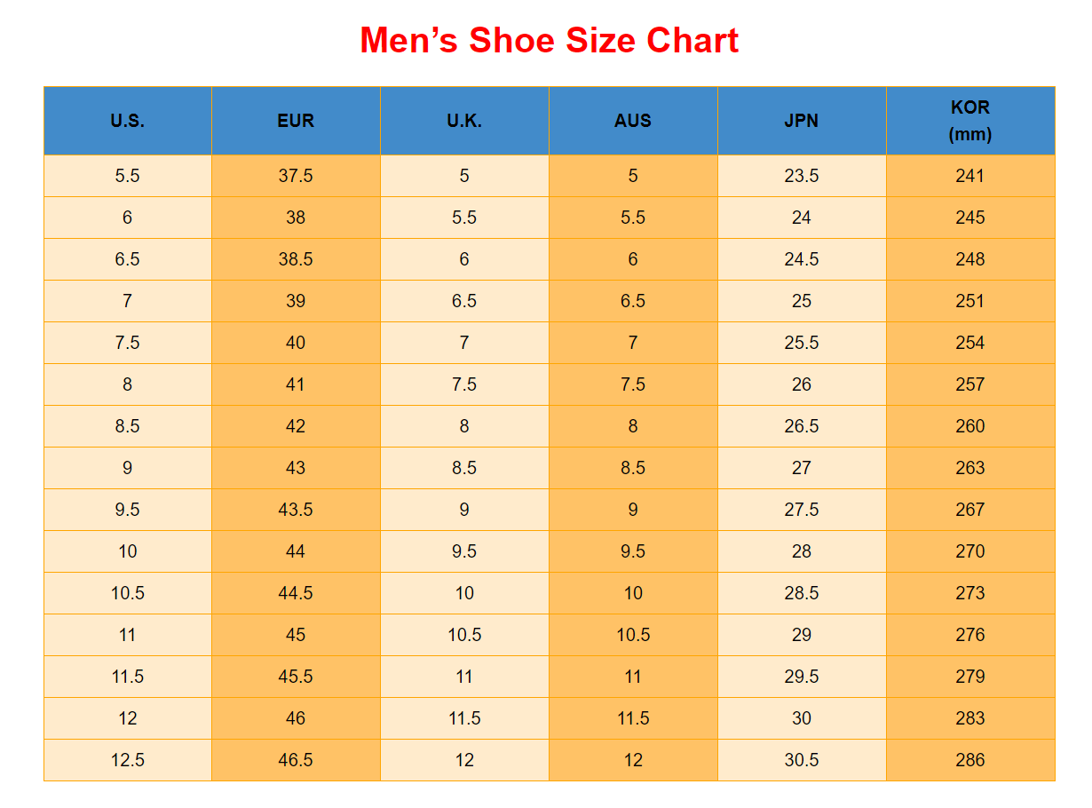 men’s shoe size chart displaying us european uk australian japanese and korean size conversions for black and white mesh patent leather shoes leather shoes sizing guide
