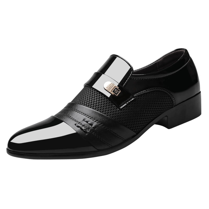 Black and white mesh patent leather shoes featuring black glossy patent leather with mesh paneling and a metallic buckle accent, designed as stylish leather shoes.