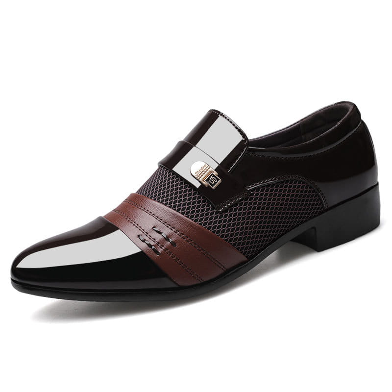 Black and brown patent leather shoes with mesh paneling and a metallic buckle featuring elegant design elements for formal wear leather shoes.