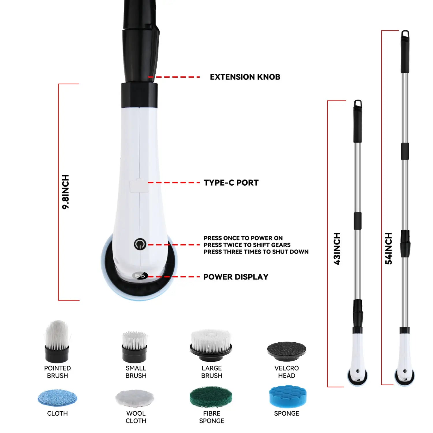 White and black 7-in-1 wireless electric cleaning brush with interchangeable attachments and digital display for household cleaning tasks