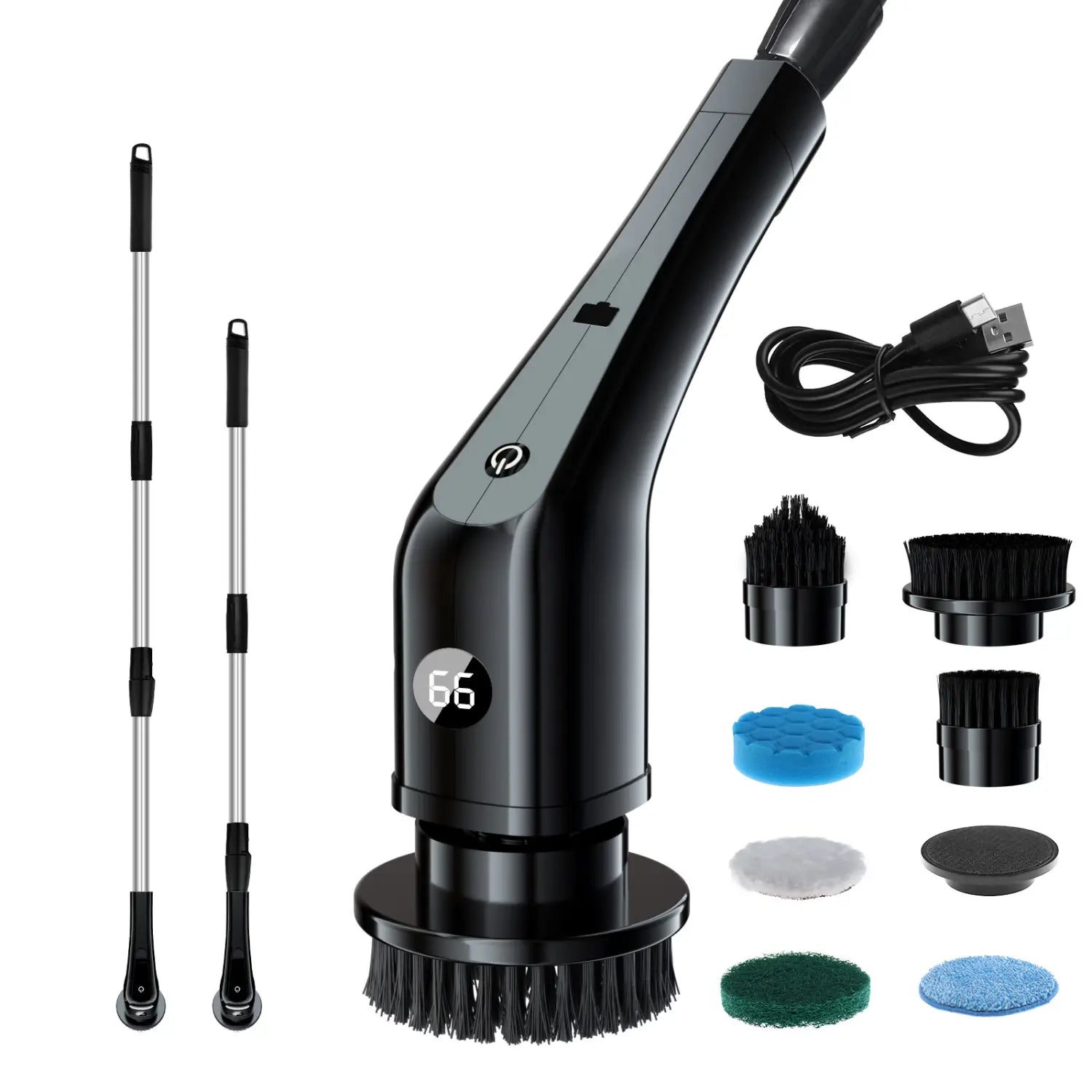 Black 7-in-1 wireless electric cleaning brush with digital display and multiple interchangeable attachments for versatile household cleaning tasks.