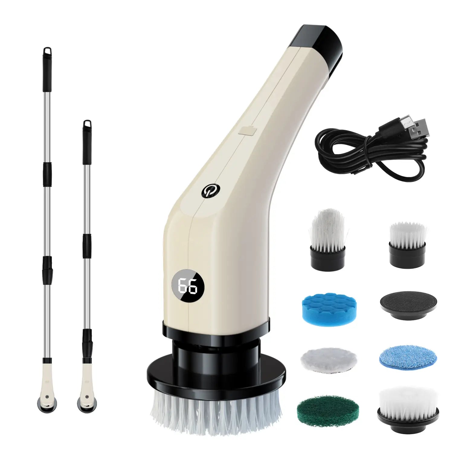 Cream-colored 7-in-1 wireless electric cleaning brush with black accents and a digital display showing 66, featuring multiple interchangeable scrubbing heads in white, blue, green, and gray for versatile household cleaning brush use.