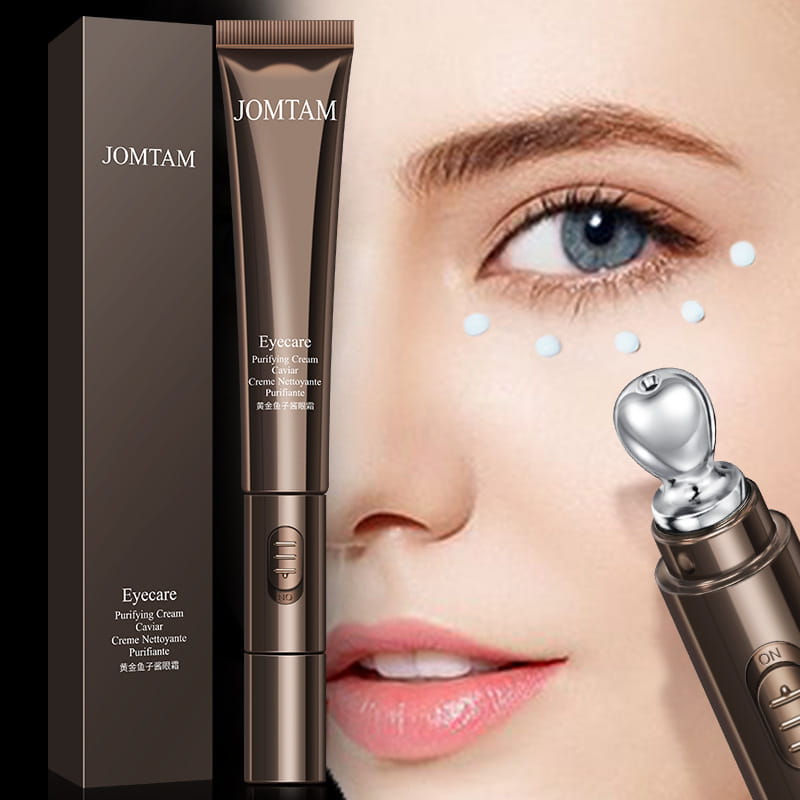 Jomtam eye care purifying cream in a sleek metallic tube with a caviar-infused formula designed to improve eye bags and provide effective eye bags firming with facial device use.