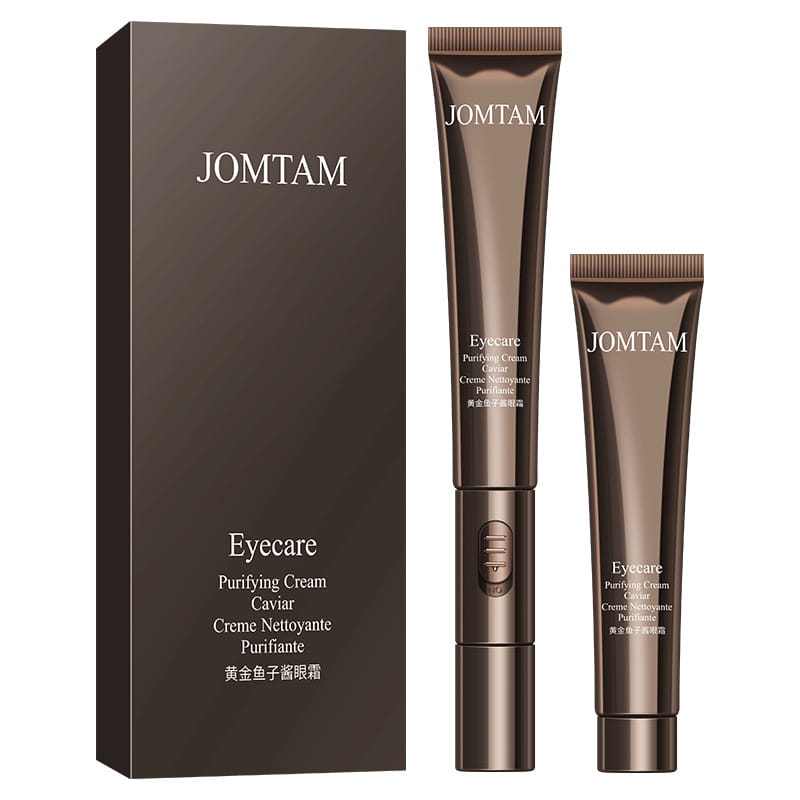 Jomtam eye care purifying cream caviar in sleek metallic brown tubes with matching box designed to improve eye bags and provide eye bags firming treatment with facial device.