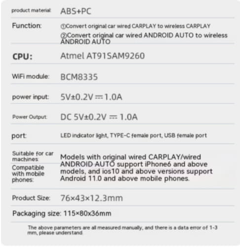 Abs and PC plastic wireless car video entertainment box original showing the back side with LED indicator light, Type-C female port, and USB female port for box original car connectivity.
