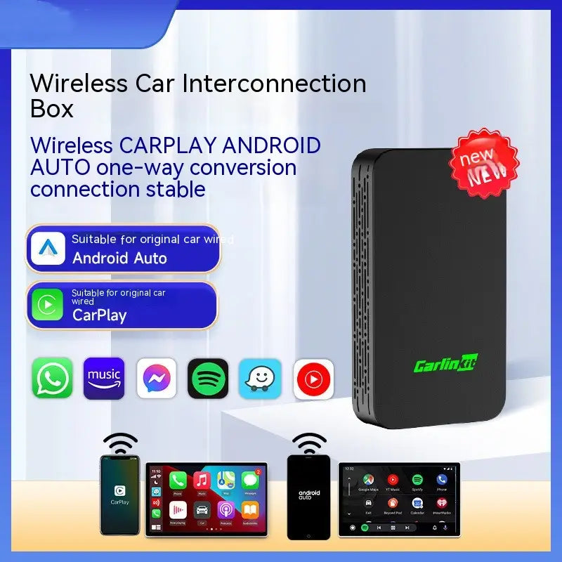 Black rectangular wireless video entertainment box with green Carlin branding and vertical ventilation slots is an original entertainment box for car interconnection.