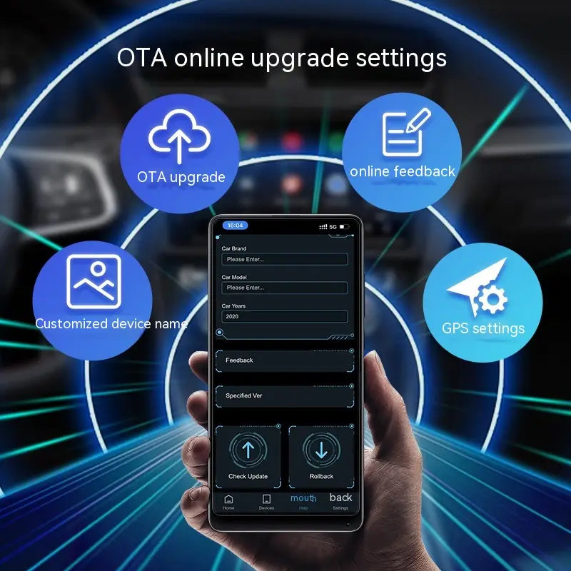 A sleek black smartphone displaying an ota online upgrade settings interface held in hand against a futuristic blue digital background showcasing the wireless car video entertainment box original for seamless box original car use.