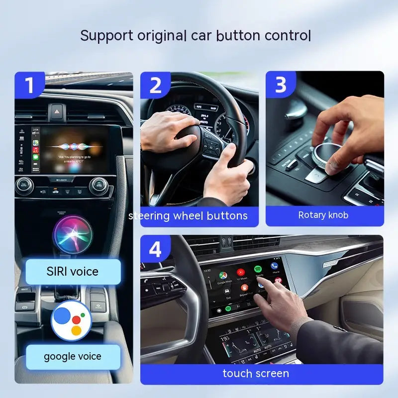 this wireless car video entertainment box original features a sleek touchscreen display with integrated steering wheel buttons and a rotary knob for box original car control.