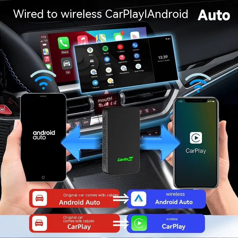 Black rectangular wireless car video entertainment box original with green logo supporting carplay and android auto features
