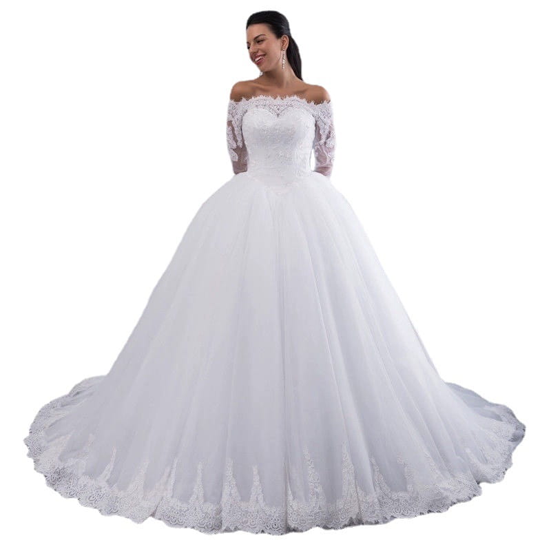 white off-the-shoulder bridal wedding lace gown featuring intricate lace detailing and a voluminous tulle skirt for an elegant wedding look