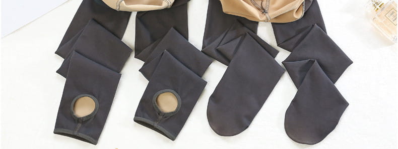 adjustable maternity pantyhose tights in black sheer material featuring a beige circular cutout at the ankle designed for maternity leggings comfort and support