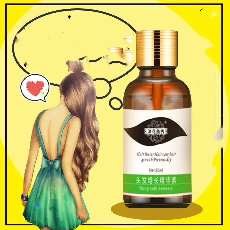 Amber glass bottle with gold cap and white label featuring green text labeled hair growth in essence by 津花美秀 in a hair care scalp liquid nutrient solution for hair care.
