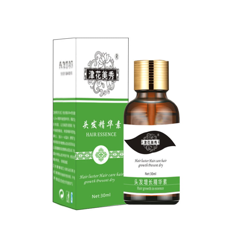 Brown glass bottle with gold cap and white label featuring green accents branded as 津花美秀 for hair care scalp liquid nutrient solution care scalp liquid.