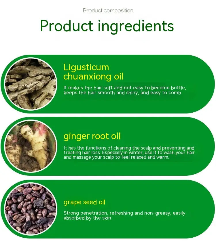 the hair care scalp liquid nutrient solution features three natural oils ligusticum chuanxiong oil ginger root oil and grape seed oil displayed in a clean green design with circular ingredient images.