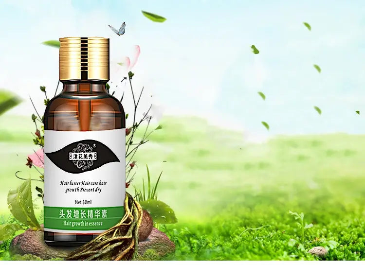A brown glass bottle with a gold cap and white label featuring green accents and Chinese characters for hair growth in essence sits on mossy rocks in a natural setting as a hair care scalp liquid nutrient solution.