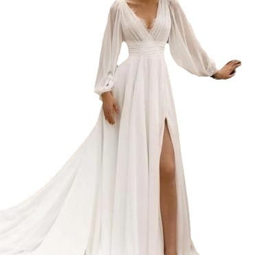 A flowing white high waist long sleeve wedding dress with a deep v-neckline, sheer sleeves, high slit, and backless design.
