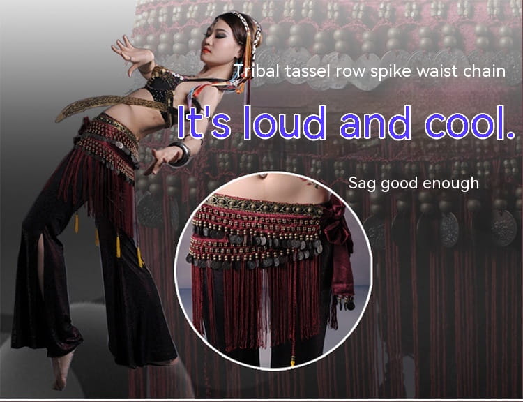 black beaded belly dance waist scarf featuring a tribal tassel row spike waist chain with maroon and gold metallic accents for enhanced dance waist appeal