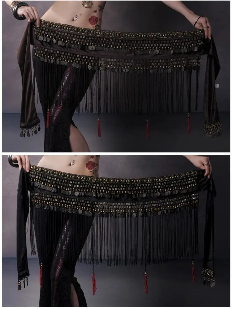 black beaded belly dance waist scarf in black adorned with metallic coins beads and red tassels for belly dance waist decoration
