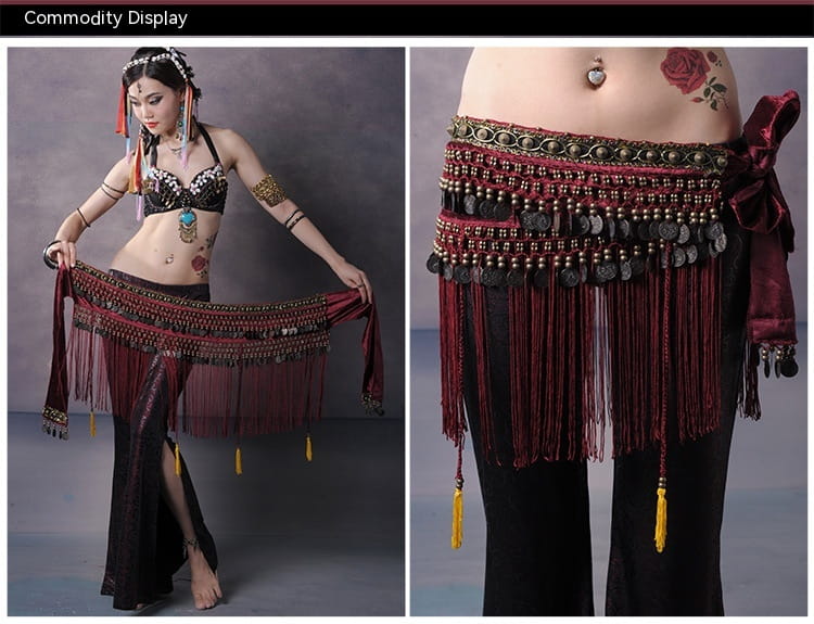 a maroon belly dance waist belt adorned with metallic coins beads and dangling tassels designed for belly dance performances