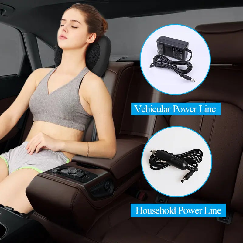 black textured cervical vertebra massager cushion with adjustable heated settings designed for car or home use