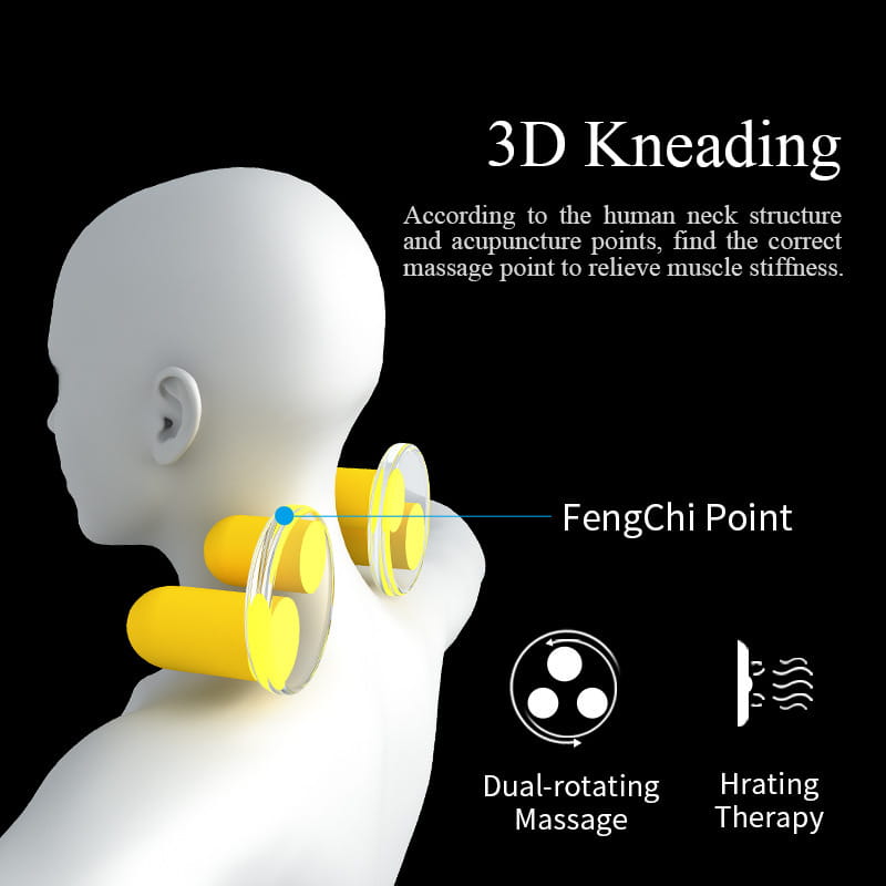 yellow 3d kneading cervical vertebra massager cushion with dual-rotating massage nodes and heating therapy for neck pain relief