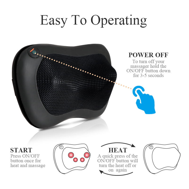 Black ergonomic cervical vertebra massager with a mesh-textured surface and an integrated power button designed as a heated cervical vertebra massager cushion.
