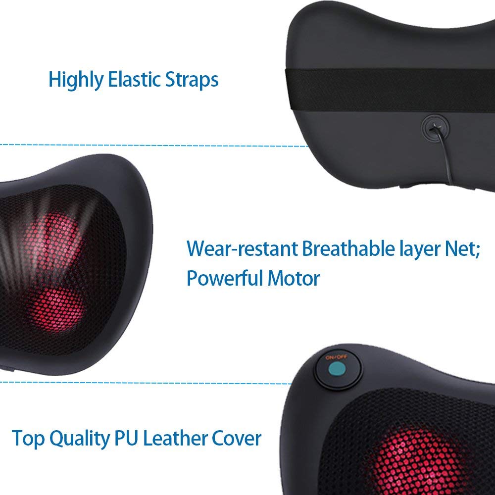 Black pu leather-covered heated cervical vertebra massager cushion with red glowing massage balls and elastic straps for neck support and pain relief.