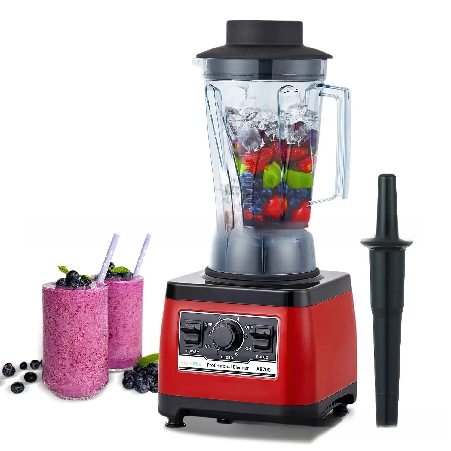 Red and black elitemix professional blender a8700 with clear glass jar filled with colorful fruits and ice is a high-power commercial blender from royale essence lux designed for efficient blending.