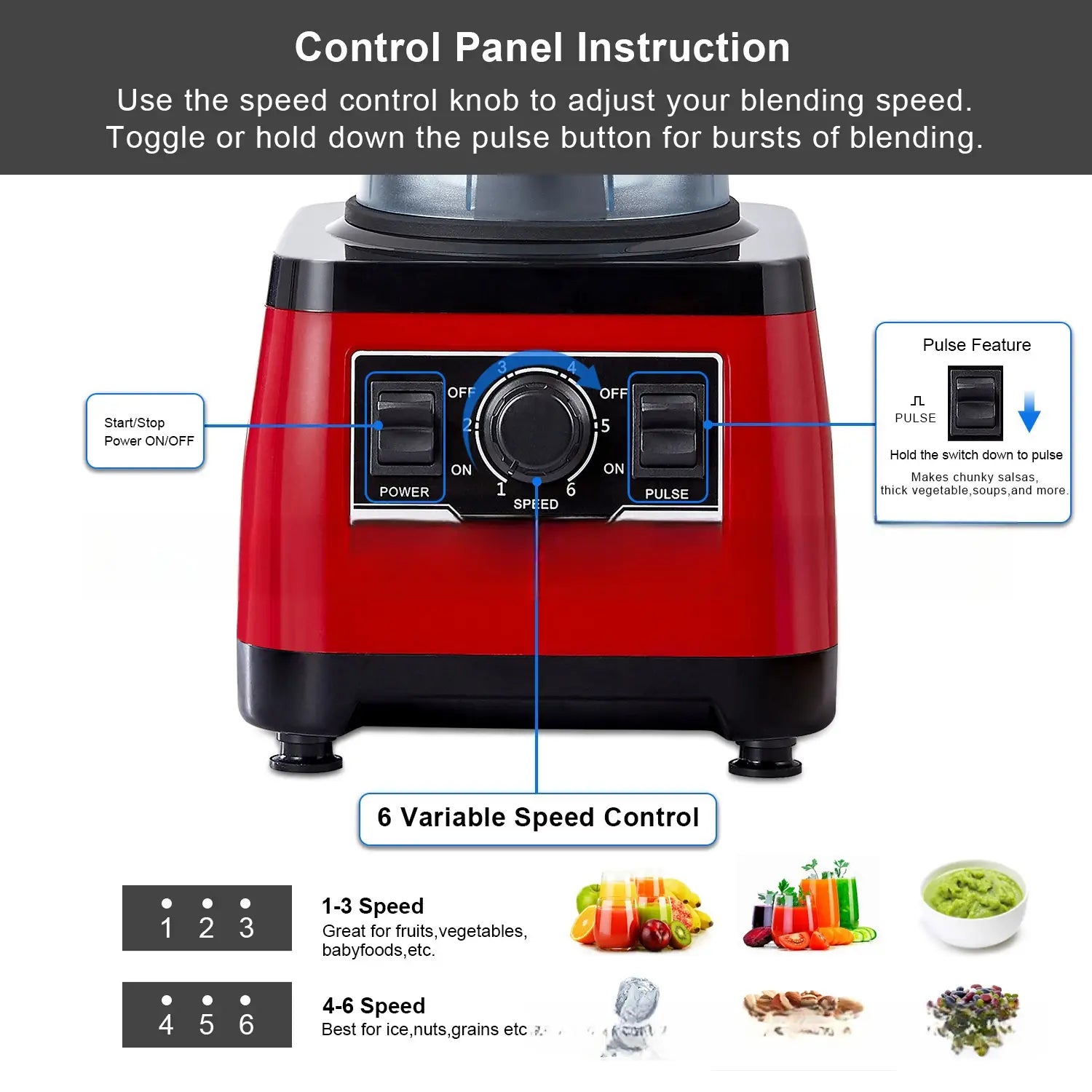 Red and black high-power commercial blender royale essence lux featuring a control panel with six variable speed settings for versatile blending performance.