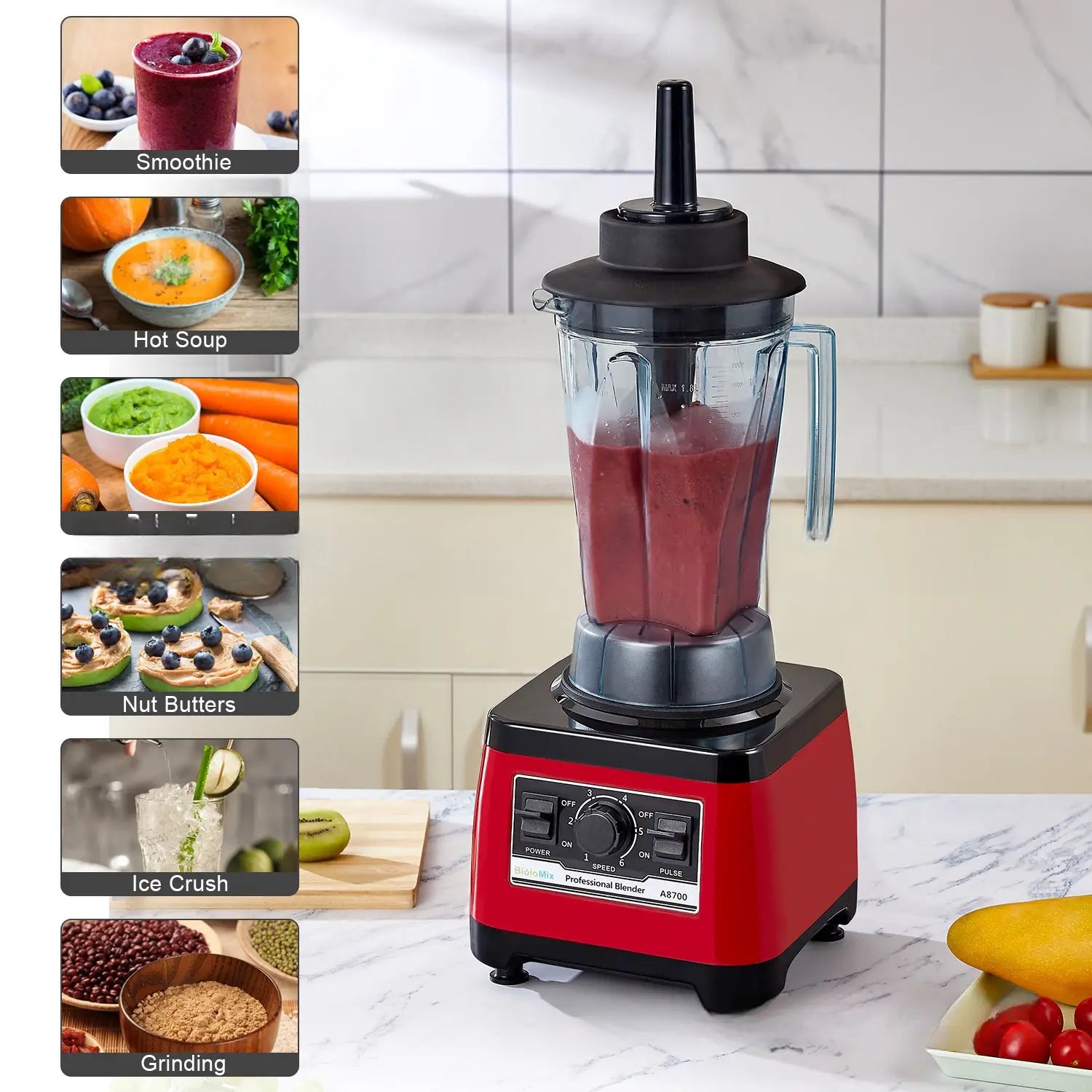 Red and black high-power commercial blender royale essence lux with clear glass jar filled with red liquid.