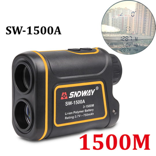 Black and yellow Sndway SW-1500A outdoor handheld golf rangefinder with digital display showing distance measurements up to 600m.