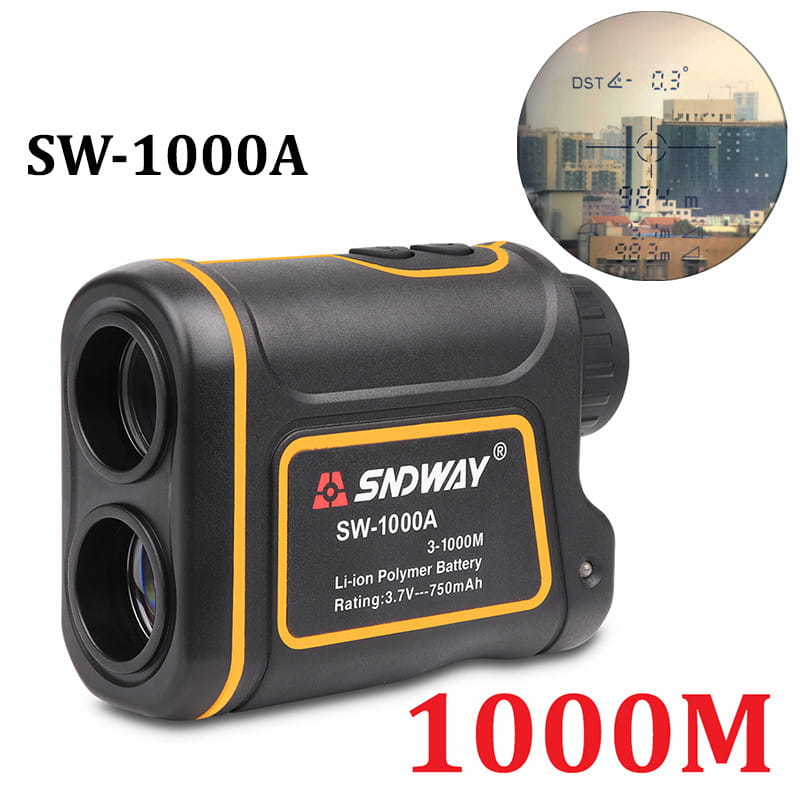 Black and yellow sndway sw-1000a outdoor handheld golf rangefinder with 3-1000m laser measurement range designed for handheld golf rangefinder use.