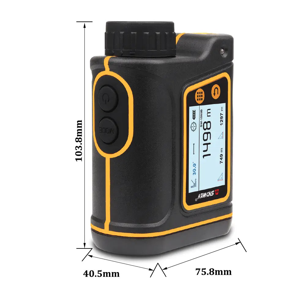 Black and yellow aimacs outdoor handheld golf rangefinder with digital display showing laser distance measurements up to 600m